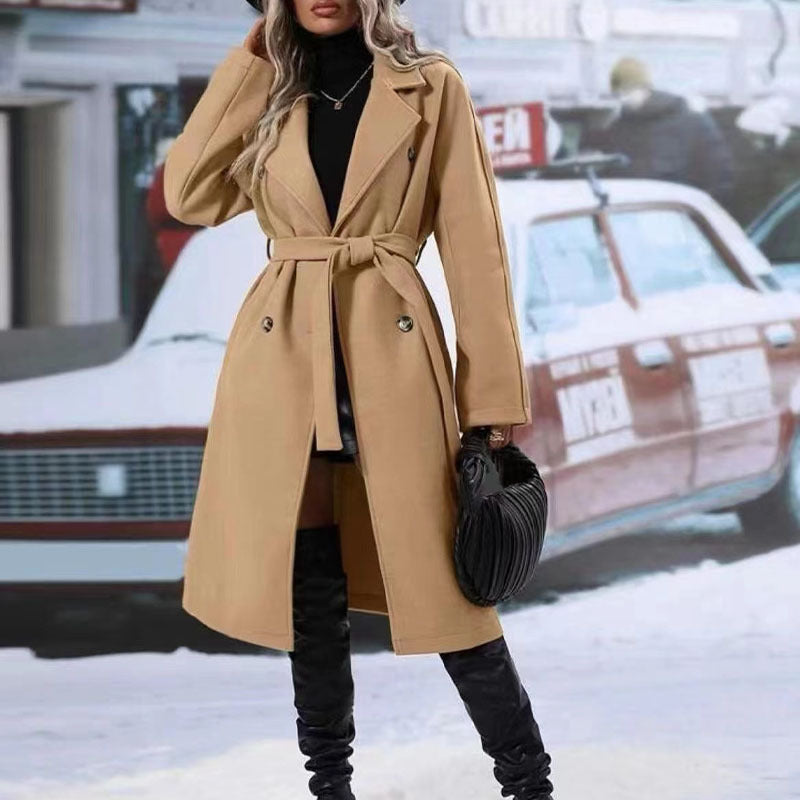 Zweireihiger Trenchcoat mit Revers und Gürtel – Einfarbige Winterjacke für Damen