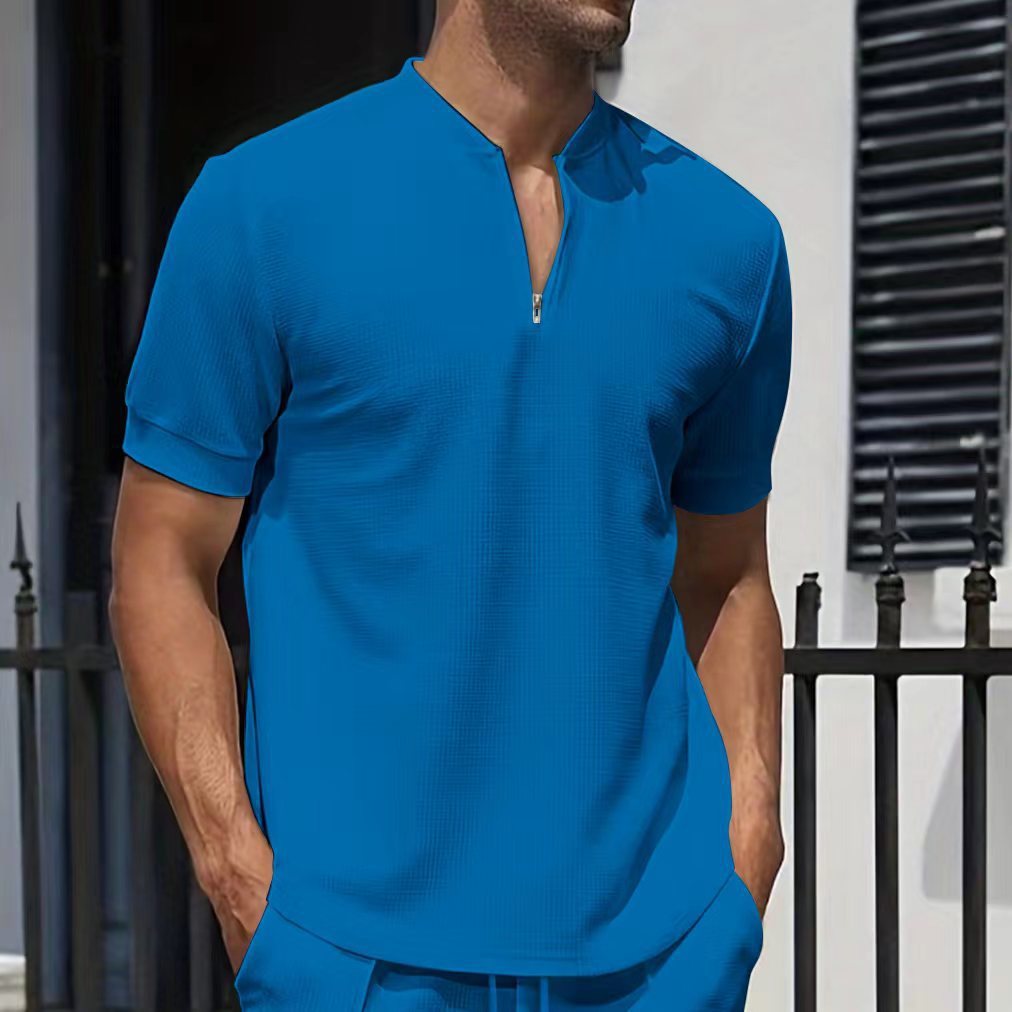 Waffle Zipped Stand Collar Solid Color Short Sleeve - ZA-ZOLA