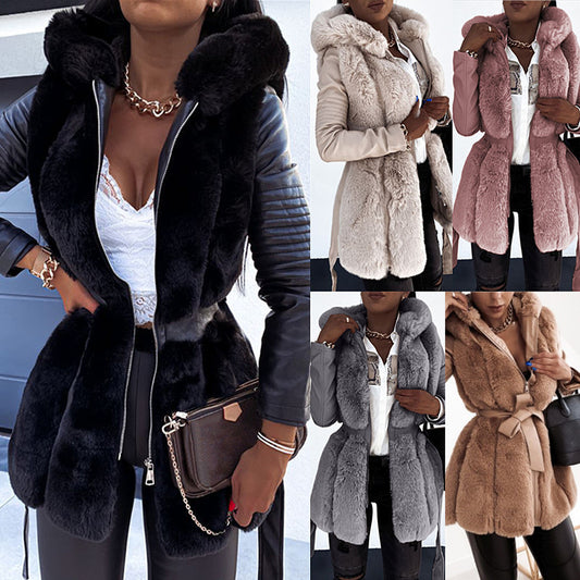 New Style Fur Belt Hooded Zipper Jacket for Women – Trendy & Warm Outerwear