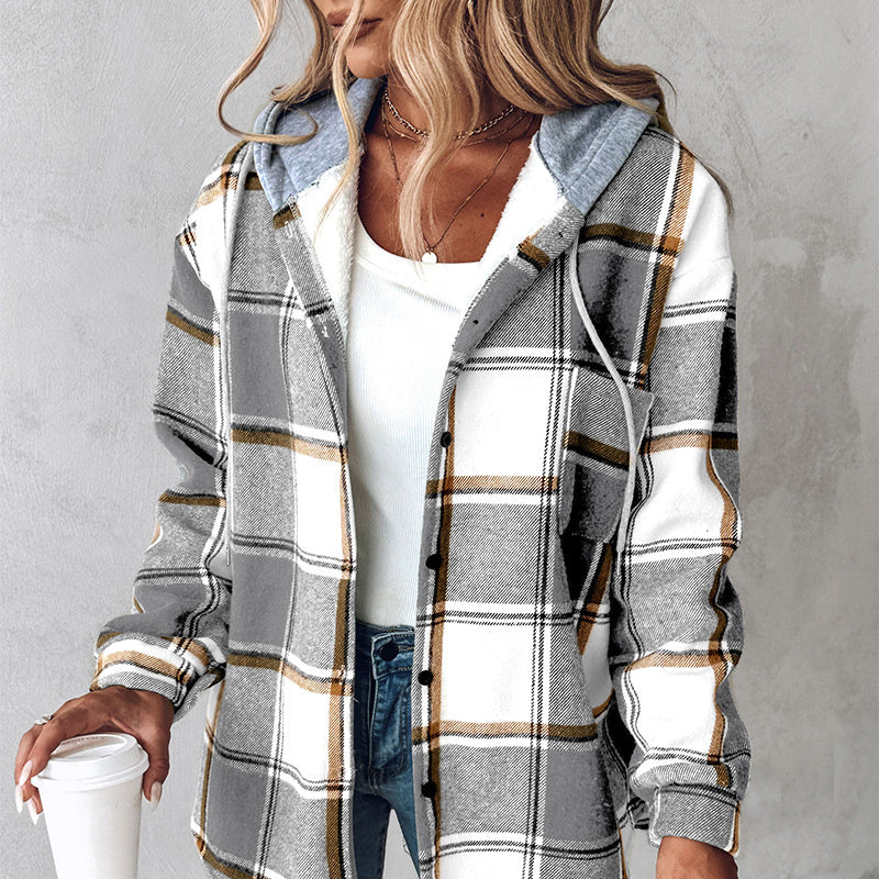 European & American Fashion Women’s Solid Color Plaid Hooded Jacket