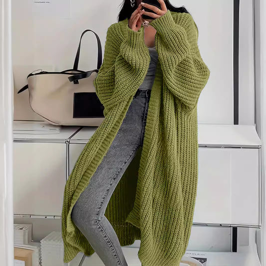 Knitted Long Cardigan with Pockets – Fashion Lantern-Sleeved Coat for Women