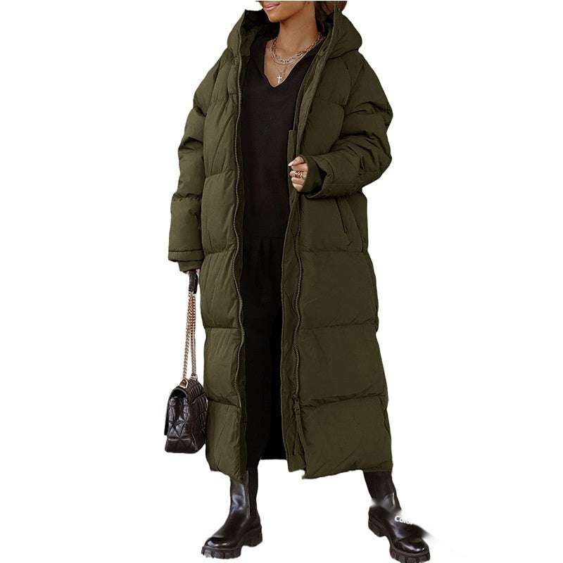 Hooded Solid Color Long Zip Coat – Casual Winter Outerwear for Women