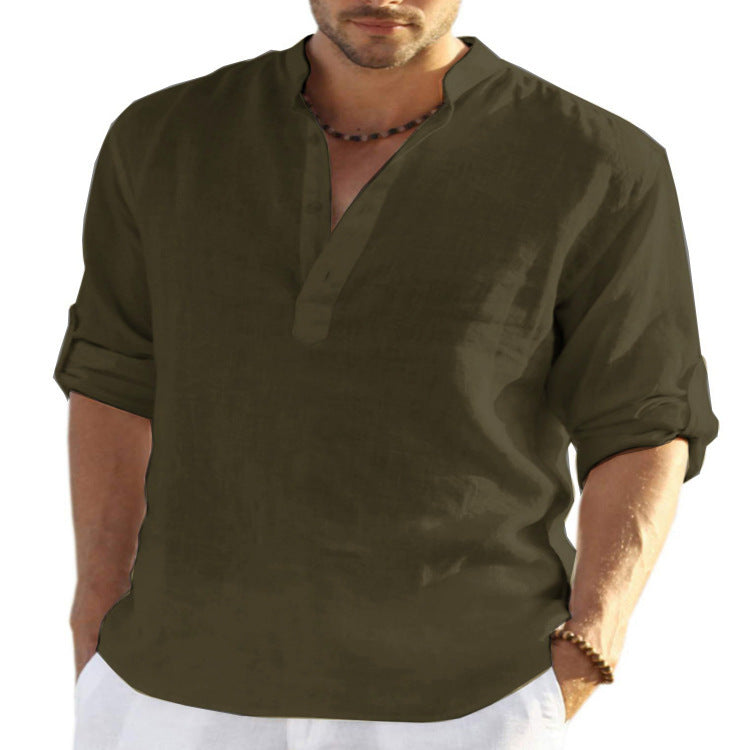 Men's Casual Cotton Linen Shirt – Breathable, Solid Color, Stand Collar Design - ZA-ZOLA