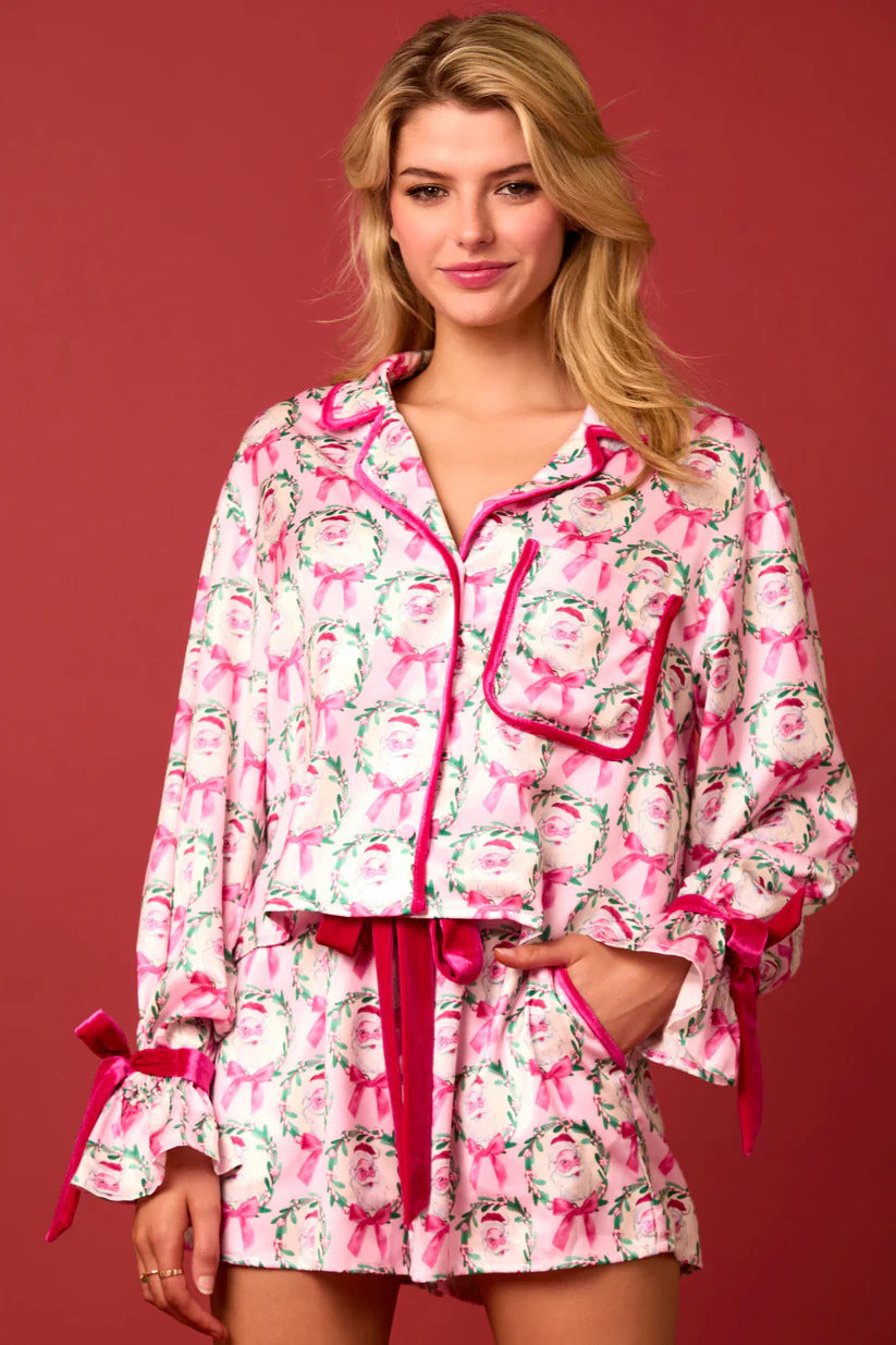 Women's Christmas Pajama Set – Santa Tree Print Lapel Neck Button-Up Long Sleeve Top & Shorts - ZA-ZOLA