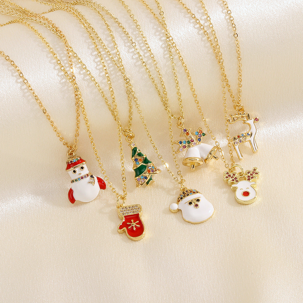 Festive Christmas Tree, Santa Claus, Elk & Snowman Oil-Drop Necklace – Colorful Rhinestone Clavicle Chain for Women - ZA-ZOLA