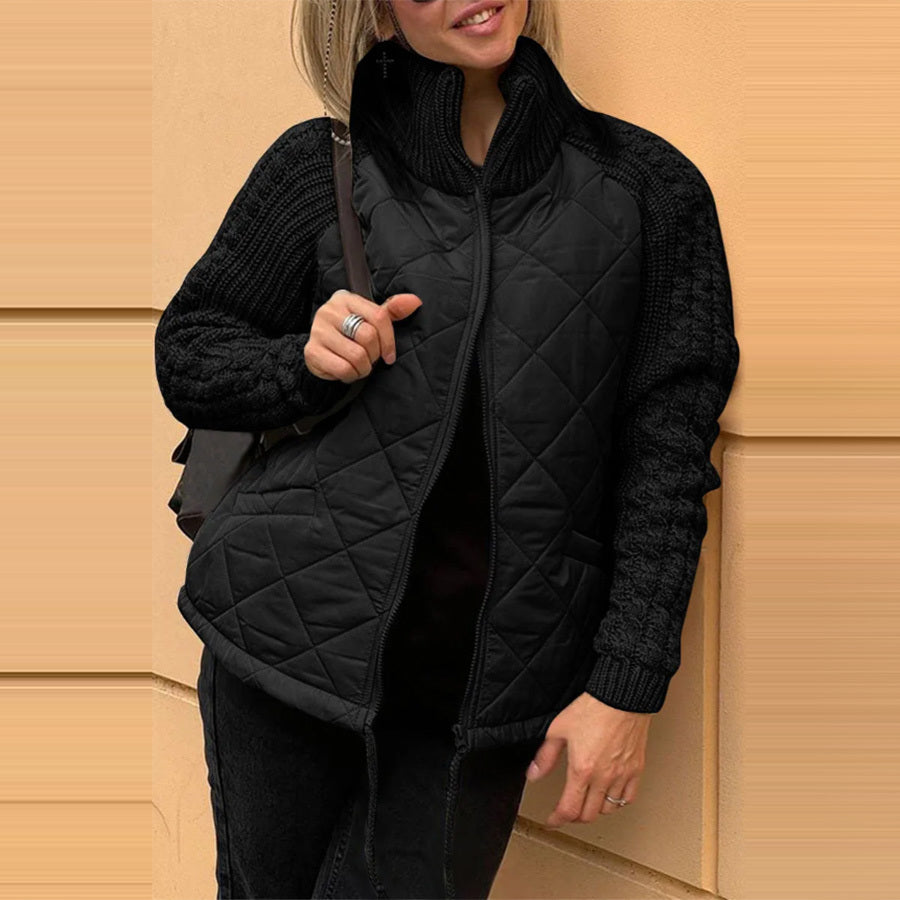 Stand Collar Cotton Jacket with Pockets – Fashion Knitted Stitching Zipper Coat for Winter Warmth