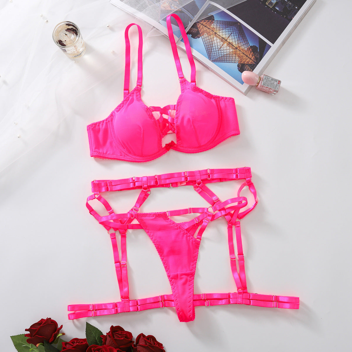 Underwear Bra T-back Suit with Garter Belt & T Pants