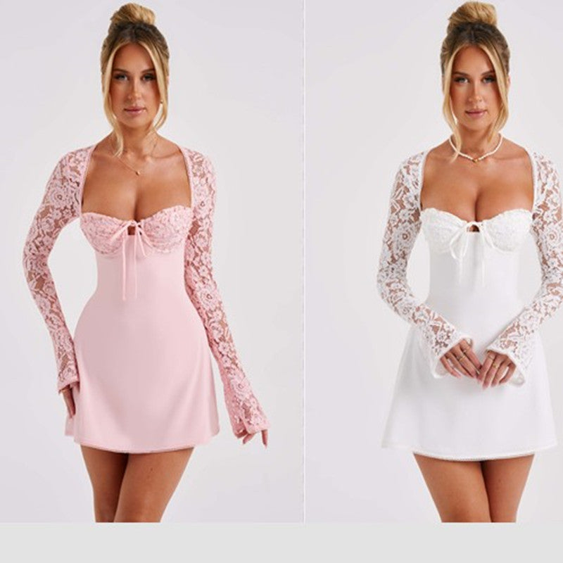 Fashion Corset Lace Long Sleeve Dress – Sexy Y2K Backless Lace-Up Short Dress for Women | UK & USA