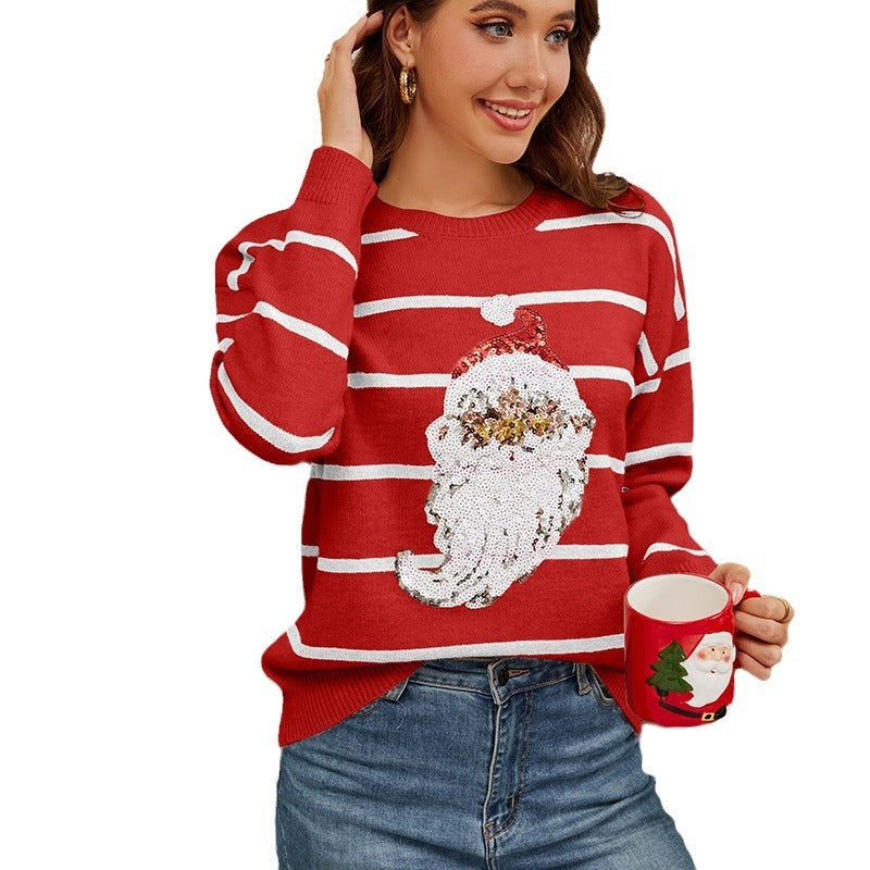 Knitted Loose Sequined Embroidered Santa Claus Sweater – Festive Holiday Knitwear for Women - ZA-ZOLA