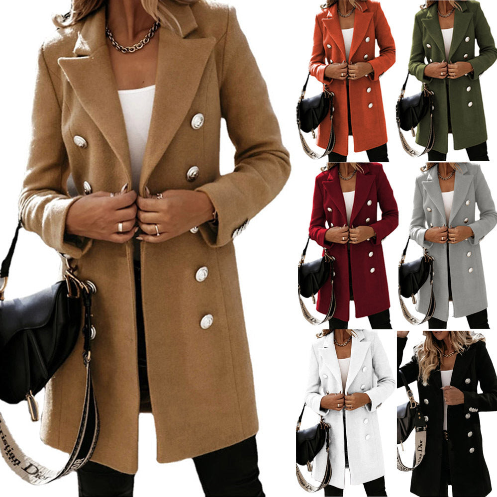 Fashion Turndown Collar Double-Breasted Woolen Coat – Women’s Autumn & Winter Jacket