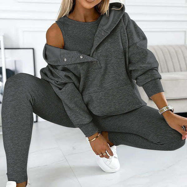 3pcs Women's Sports Suit – Loose Hooded Sweatshirt, Vest & Slim Trousers Set