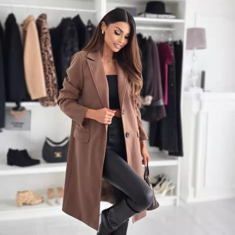 Lapel Single-Breasted Wool Coat – Women’s Solid Color Long Winter Jacket