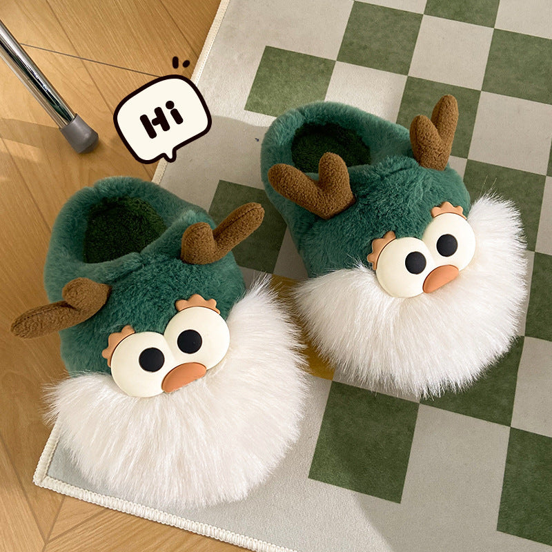 Cute Cartoon Christmas Deer Slippers – Warm Winter Cotton Plush Shoes for Women – Half-Covered Heel Indoor Footwear - ZA-ZOLA