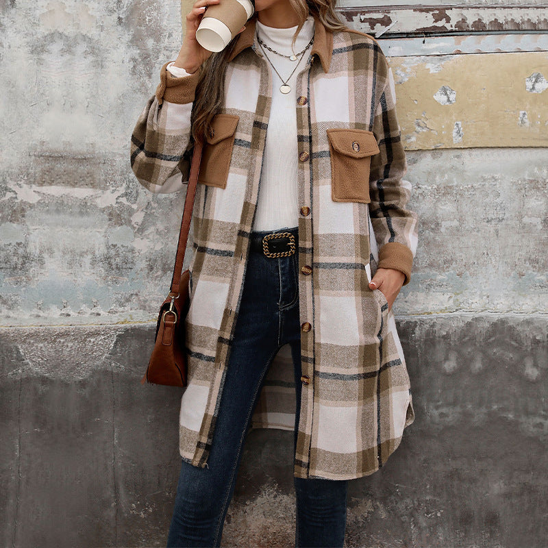 New Brushed Plaid Long Coat with Pockets – Fashion Winter Jacket for Women