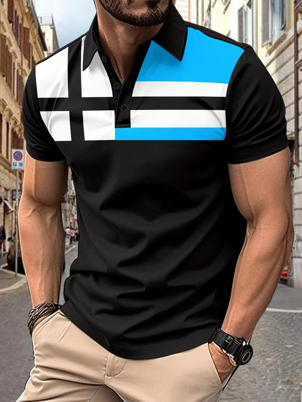 Men's Striped Printed Casual TopProduct information:
 
 Pattern: stripes
 
 Color: red, yellow, blue
 
 Details of clothing style: Patch
 
 Size: S,M,L,XL,XXL,XXXL
 
 Main fabric composition: PolyeTopZA-ZOLAZA-ZOLAStriped Printed Casual Top