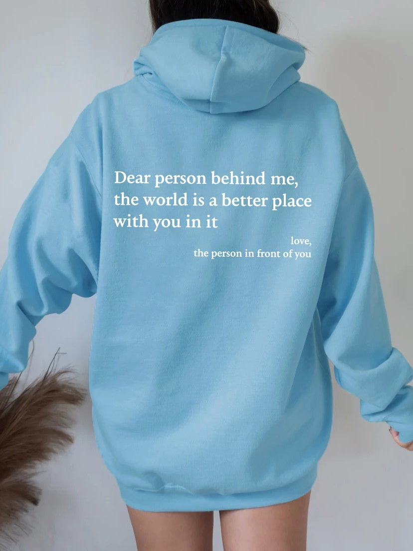 Kapuzenpullover mit „Dear Person Behind Me“-Buchstabenaufdruck – Plüsch-Sweatshirt mit Kordelzug und Kängurutasche für Damen und Herren