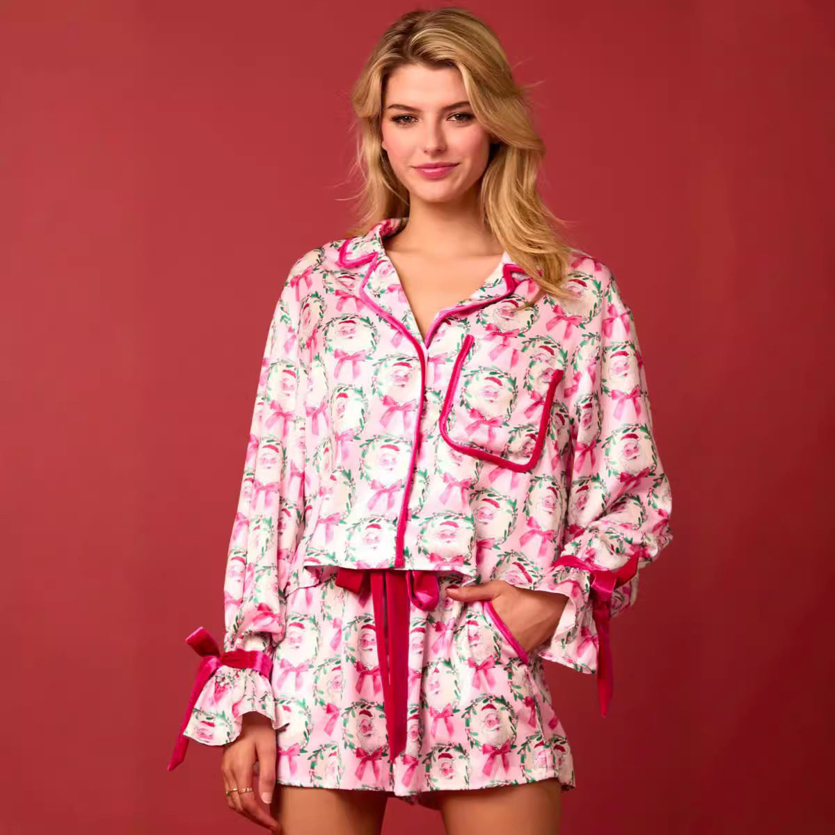 Women's Christmas Pajama Set – Santa Tree Print Lapel Neck Button-Up Long Sleeve Top & Shorts - ZA-ZOLA