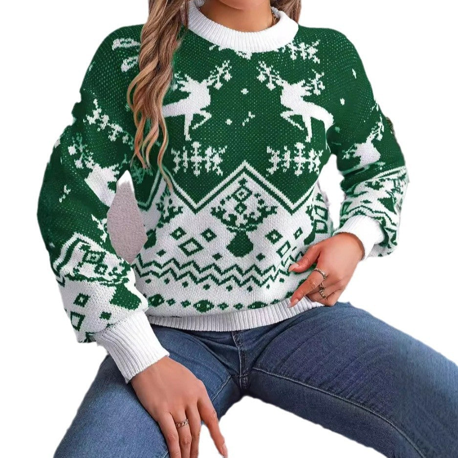 2025 New Year Christmas Deer Pattern Hoodie Sweater – Women’s Red & Green Knitted Pullover - ZA-ZOLA