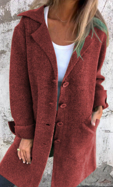 Lapel Single-Breasted Cardigan with Pockets – Women’s Fashion Mid-Length Coat