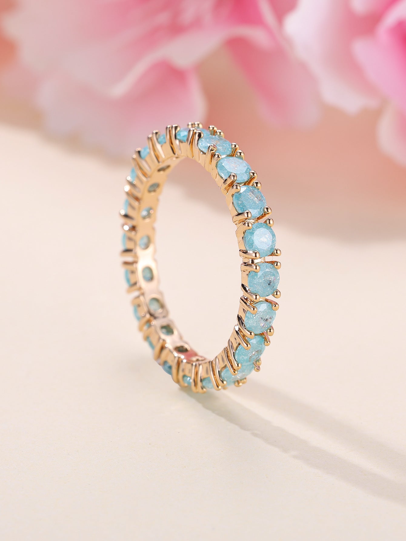 French Retro Champagne Gold Blue Ice Flower Zirconium Full Diamond Ring - ZA-ZOLA