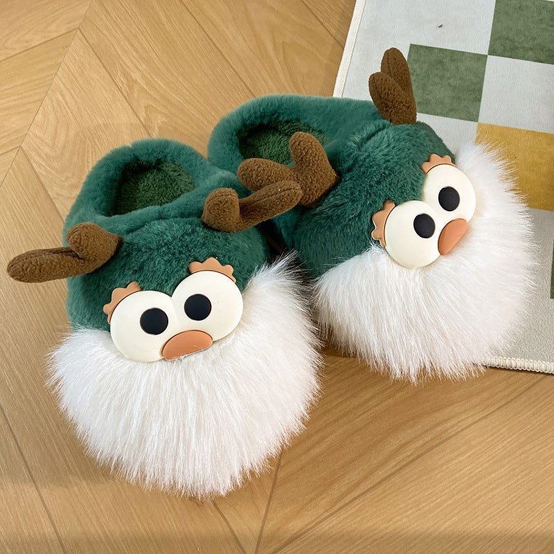 Cute Cartoon Christmas Deer Slippers – Warm Winter Cotton Plush Shoes for Women – Half-Covered Heel Indoor Footwear - ZA-ZOLA