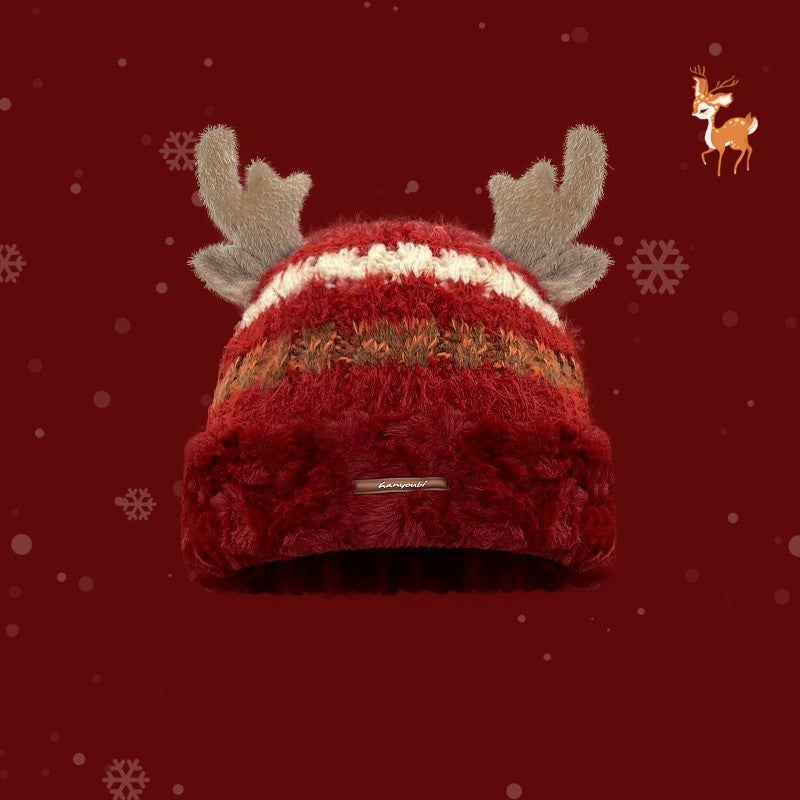 Christmas Knitted Hat with Deer Antlers – Winter Warm Thick Beanie for Women & Girls - ZA-ZOLA