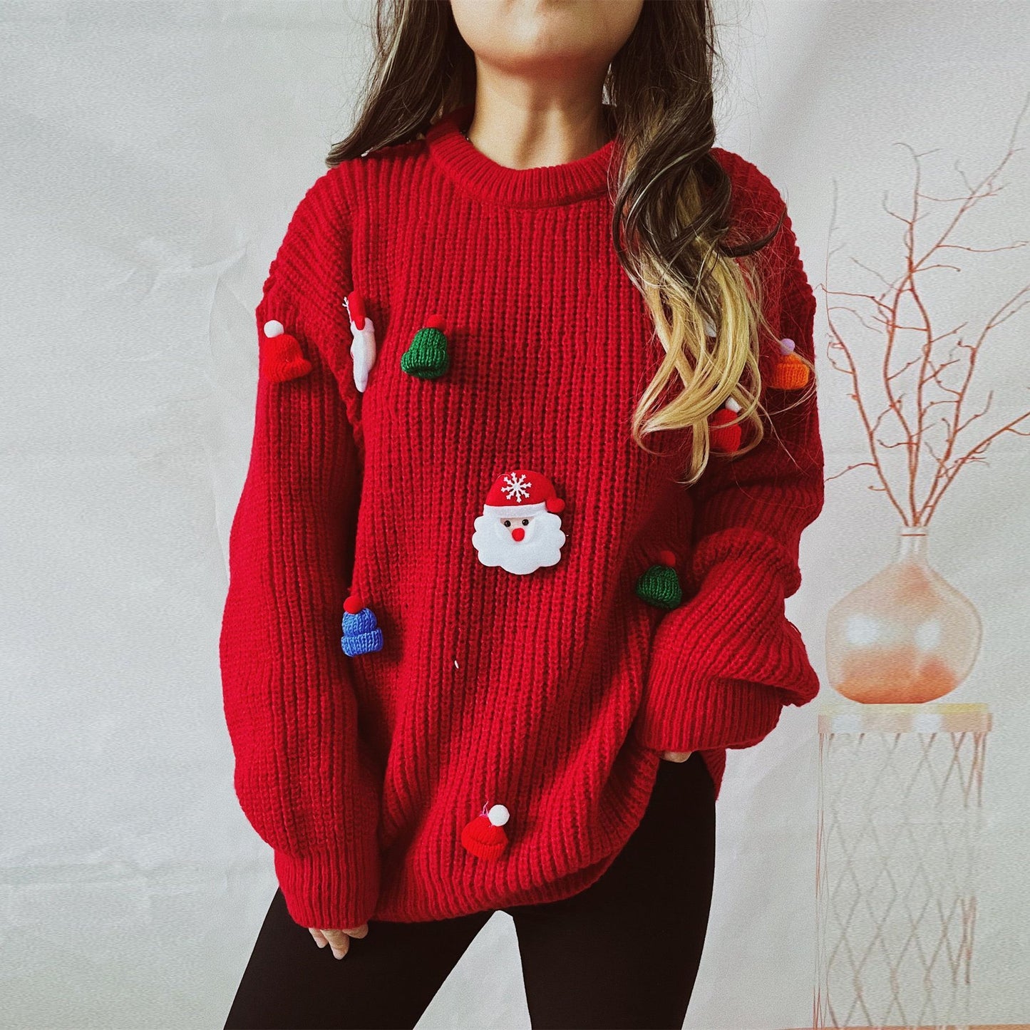 Women's Cute Santa Claus 3D Decoration Sweater – Round Neck Long Sleeve Christmas Knitwear - ZA-ZOLA