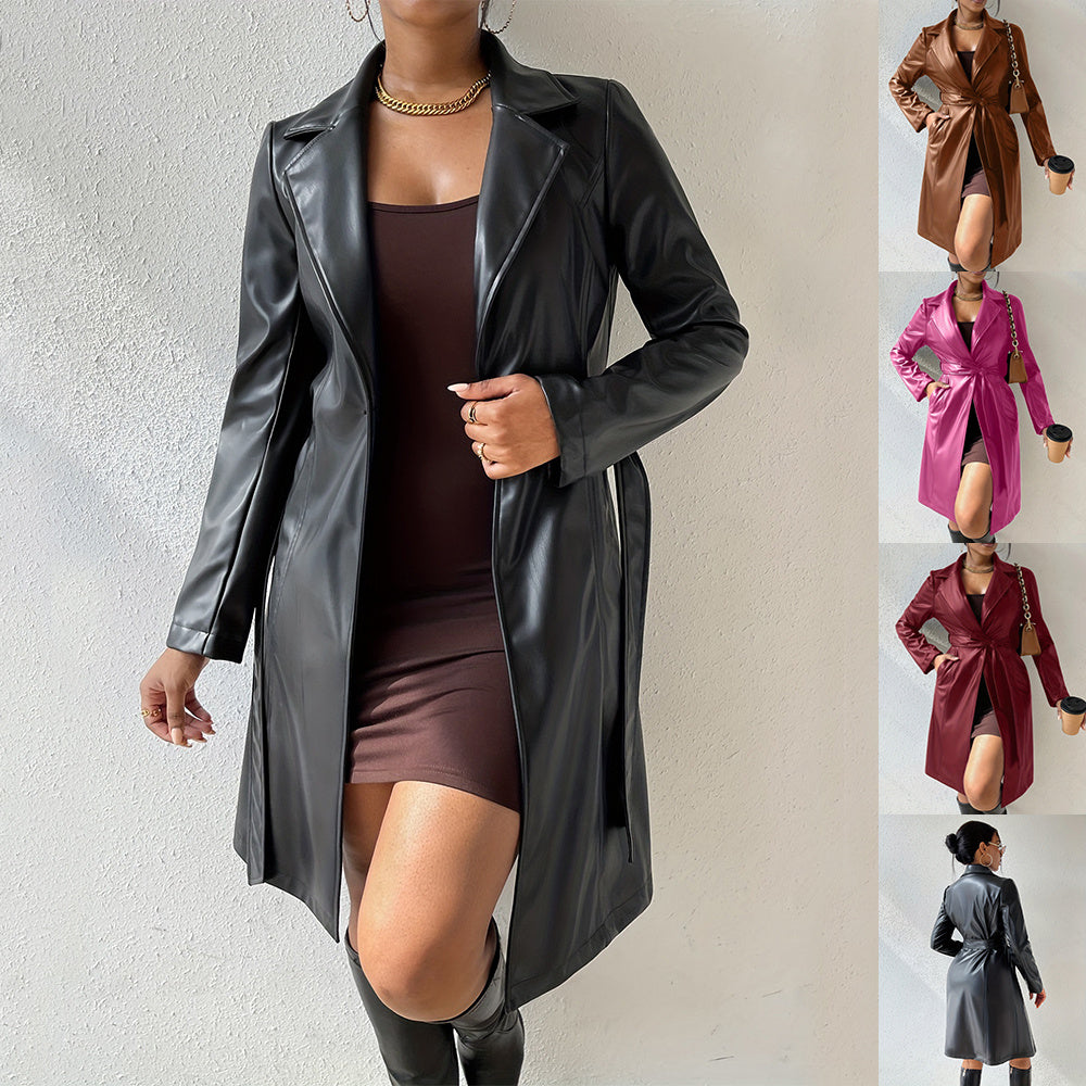 Long Sleeve Lapel PU Leather Jacket – Slim Fit Women’s Trench Coat with Pockets