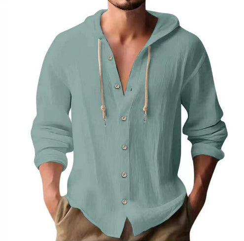 Cotton & Linen Hooded Long Sleeve Shirt – Comfortable Button-Up Sweater for Men - ZA-ZOLA