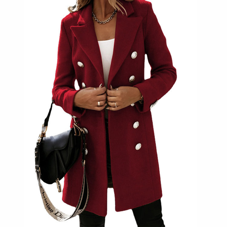 Fashion Turndown Collar Double-Breasted Woolen Coat – Women’s Autumn & Winter Jacket