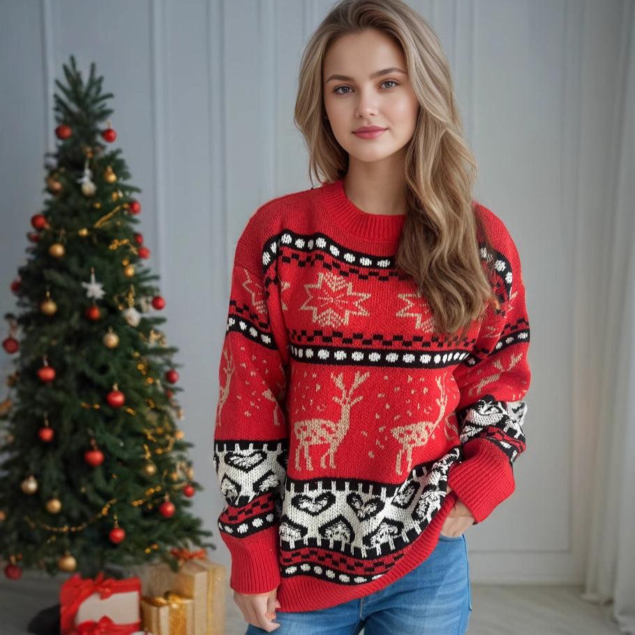 Christmas Casual Red Deer Jacquard Sweater – Women's Long-Sleeved Round Neck Holiday Knitwear - ZA-ZOLA