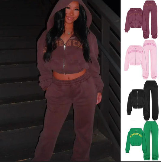 INS Letter Sports Suit – Zip-up Hooded Cropped Sweatshirt & Loose Drawstring Trousers for Women