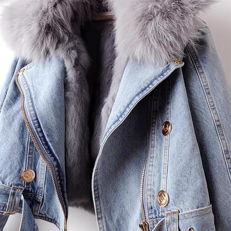 Detachable Fox Fur & Rabbit Fur Liner Denim Coat for Women – Luxury & Warmth