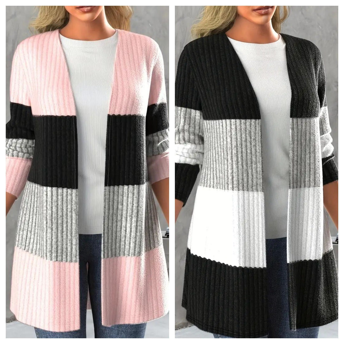 Women’s Casual Long Coat with Contrasting Color Stripes & Open Collar