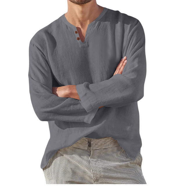 Men's Cotton Linen V-Neck Long Sleeve Shirt – Casual Beach Style, Breathable & Stylish - ZA-ZOLA