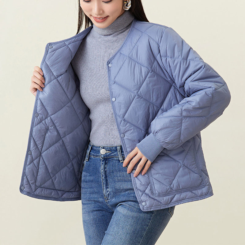 New Rhombus Sewing Cotton Coat – Winter Warm Round-Neck Jacket with Pockets for Women