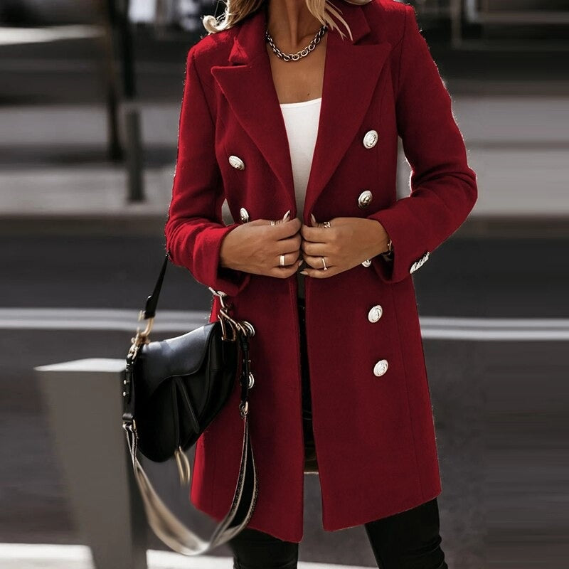 Fashion Turndown Collar Double-Breasted Woolen Coat – Women’s Autumn & Winter Jacket