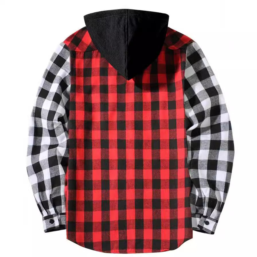 Patchwork Plaid Hooded Long-sleeved Shirt - ZA-ZOLA