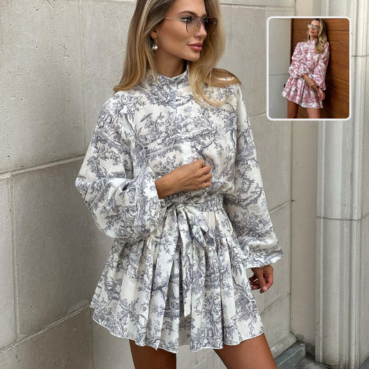 Ink Print Long Sleeve Short Dress – Fashion Puffy Sleeve Lapel Tie A-Line Dress for Women | UK & USA