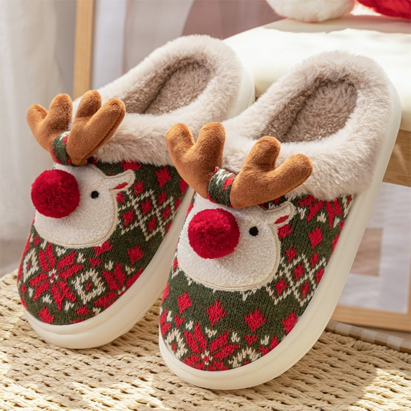 Cute Christmas Elk Plush Slippers – Cozy Winter Non-Slip Home Shoes for Women – Fuzzy Bedroom House Slippers - ZA-ZOLA