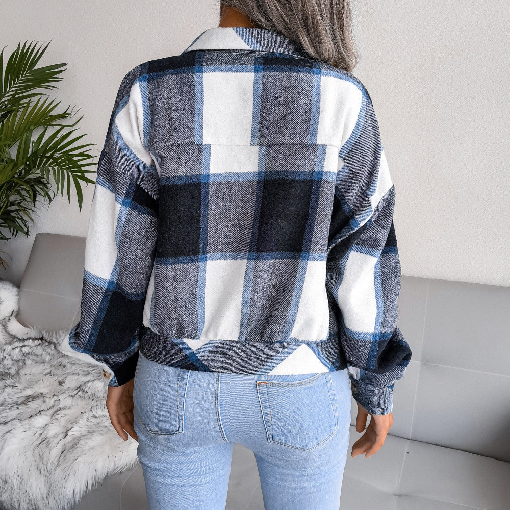 Plaid Lapel Cropped Jacket for Women – Loose Fit, Button Detail, Long Sleeve Outerwear