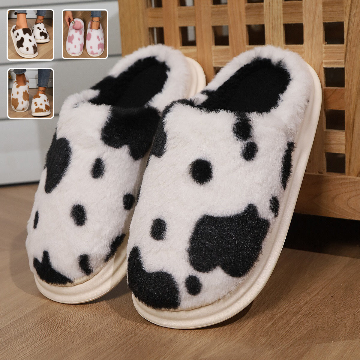 Cute Cow Spotted Plush Slippers Winter Warm Non-slip Bedroom Floor Fuzzy Slipper Couple Women House Shoes - ZA-ZOLA