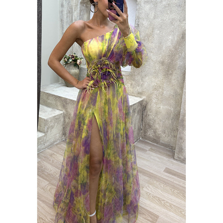 Mesh Tie-Dye Off-Shoulder Slit Dress – Summer INS Fashion Long Party Dress for Women | UK & USA