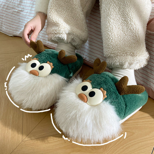 Cute Cartoon Christmas Deer Slippers – Warm Winter Cotton Plush Shoes for Women – Half-Covered Heel Indoor Footwear - ZA-ZOLA