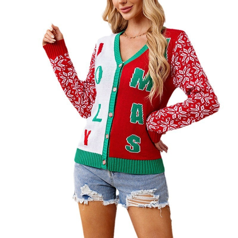 Christmas Red Letter Jacquard V-Neck Knitted Cardigan – Casual Sweater for Women - ZA-ZOLA