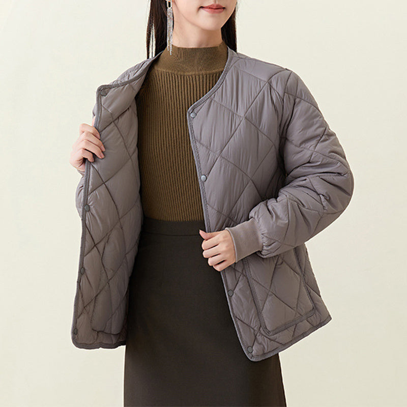 New Rhombus Sewing Cotton Coat – Winter Warm Round-Neck Jacket with Pockets for Women