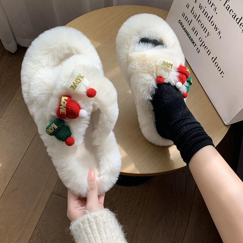 Christmas Hat Fluffy Slippers – Women's Warm Toe-Covering Cotton Slippers - ZA-ZOLA