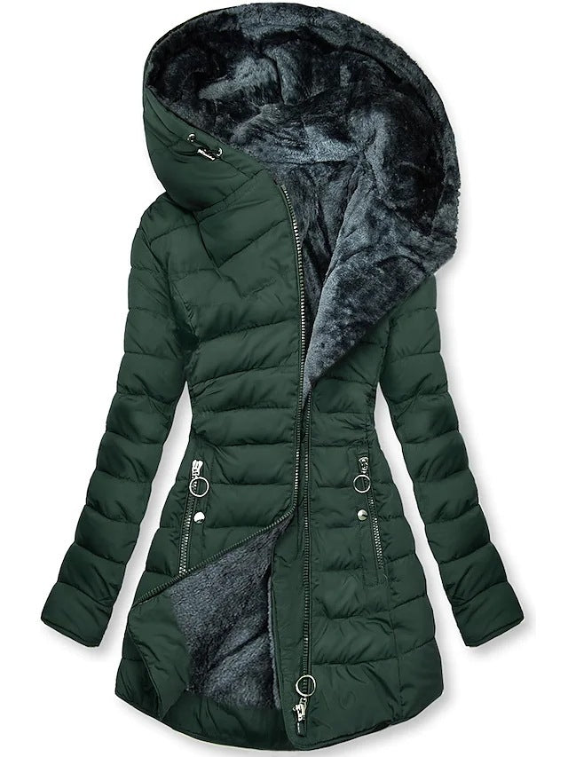 Women's Plush Hooded Mid-Length Cotton-Padded Coat with Oblique Zipper – Winter Fashion