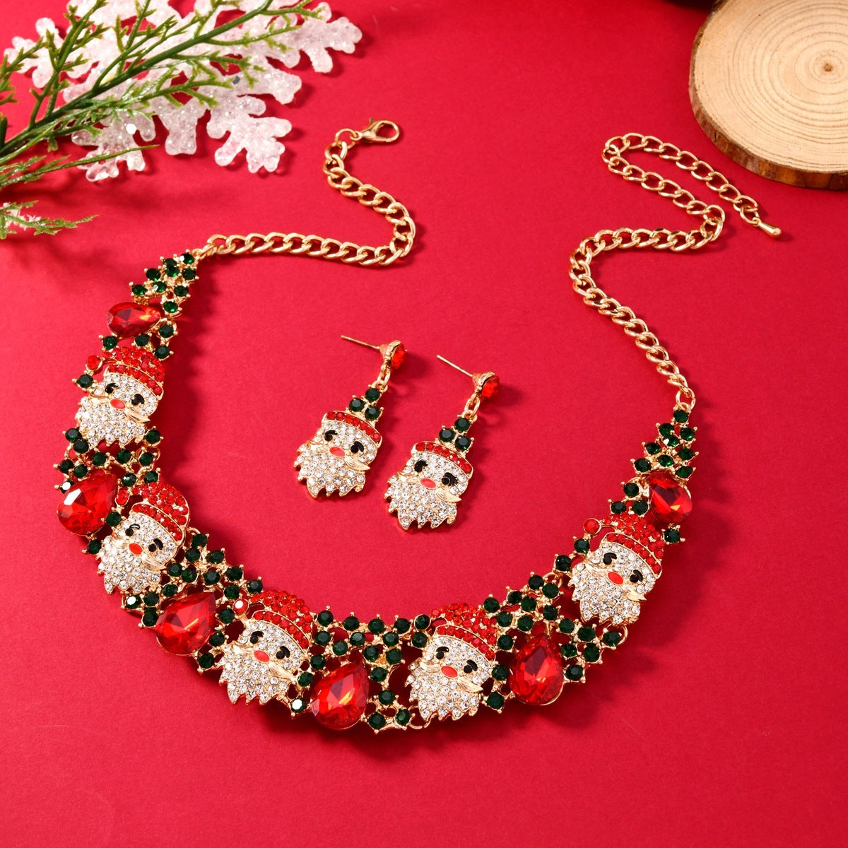 Festive 3pcs Christmas Necklace & Earrings Set – Sparkling Santa Claus Jewelry with Colored Rhinestones - ZA-ZOLA