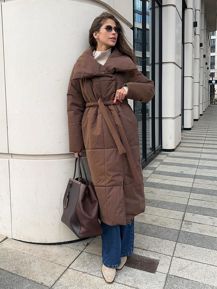 Fashion Large Lapel Long Coat – Winter Warm Cotton Jacket with Pockets & Lace-Up Design for Women